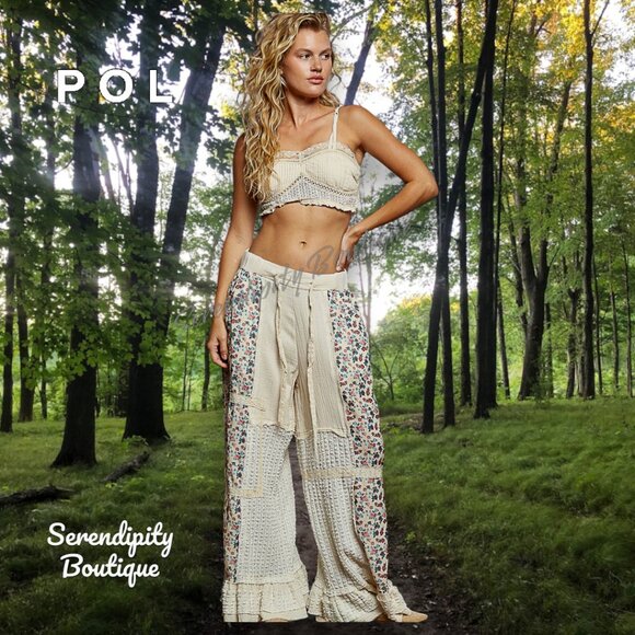 POL Bohemian Lace Ruffle Cotton Floral Patchwork Extra Baggy Wide Leg Flare Pant - Picture 2 of 7